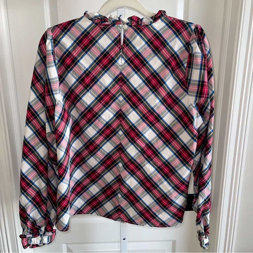 J.Crew Plaid Ruffle Neck Blouse Size L Red Blue White Cotton Long Sleeve Top